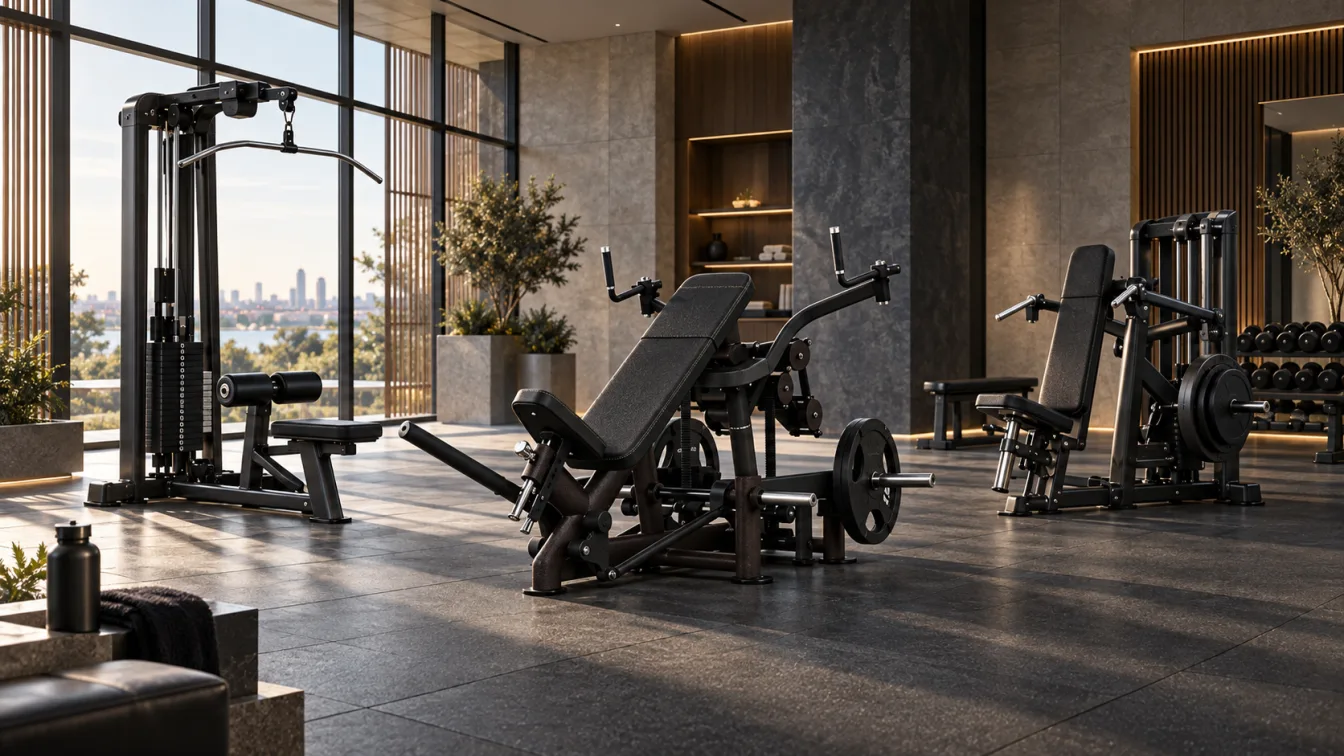 Kuvvet antrenmanı ekipmanları, doğal taş ve sıcak aydınlatmayla tasarlanmış temsili otel fitness alanı